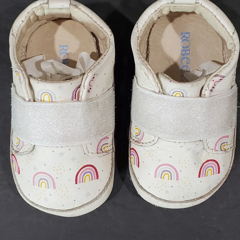 Robeez First Kicks Mille Leather Ivory Rainbow Print Slip-On Shoe Sneaker 6-9M
